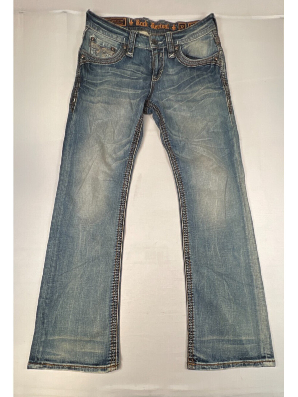Rock Revival Men 32x32 Kamryn Bootcut Jeans Blue Distressed Y2K Designer Denim
